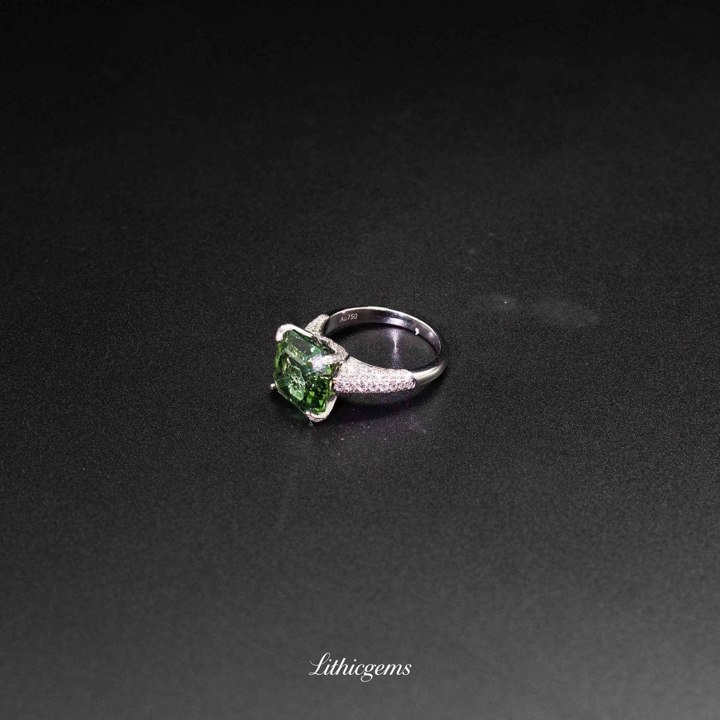 Custom 18K Gold Square Afghan Green Tourmaline Diamond Ring | AIGS/GUILD Certified