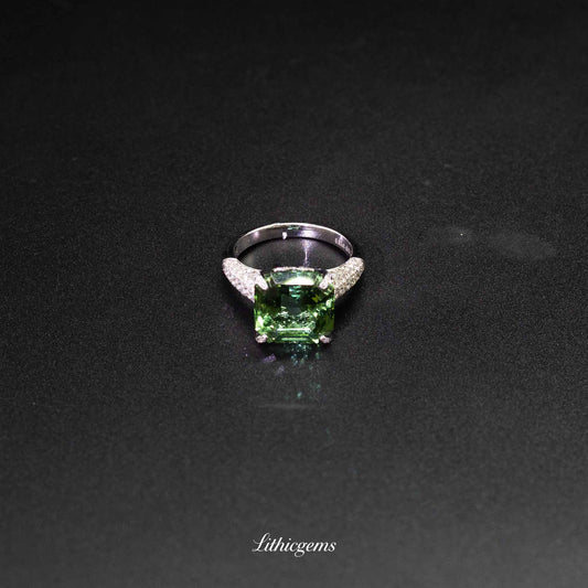 Custom 18K Gold Square Afghan Green Tourmaline Diamond Ring | AIGS/GUILD Certified