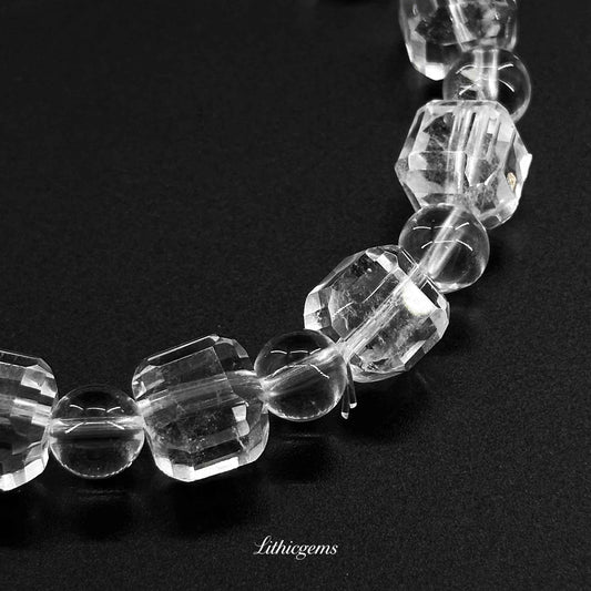 Clear quartz crystal gemstone bead bracelet on black background, Lithicgems boutique