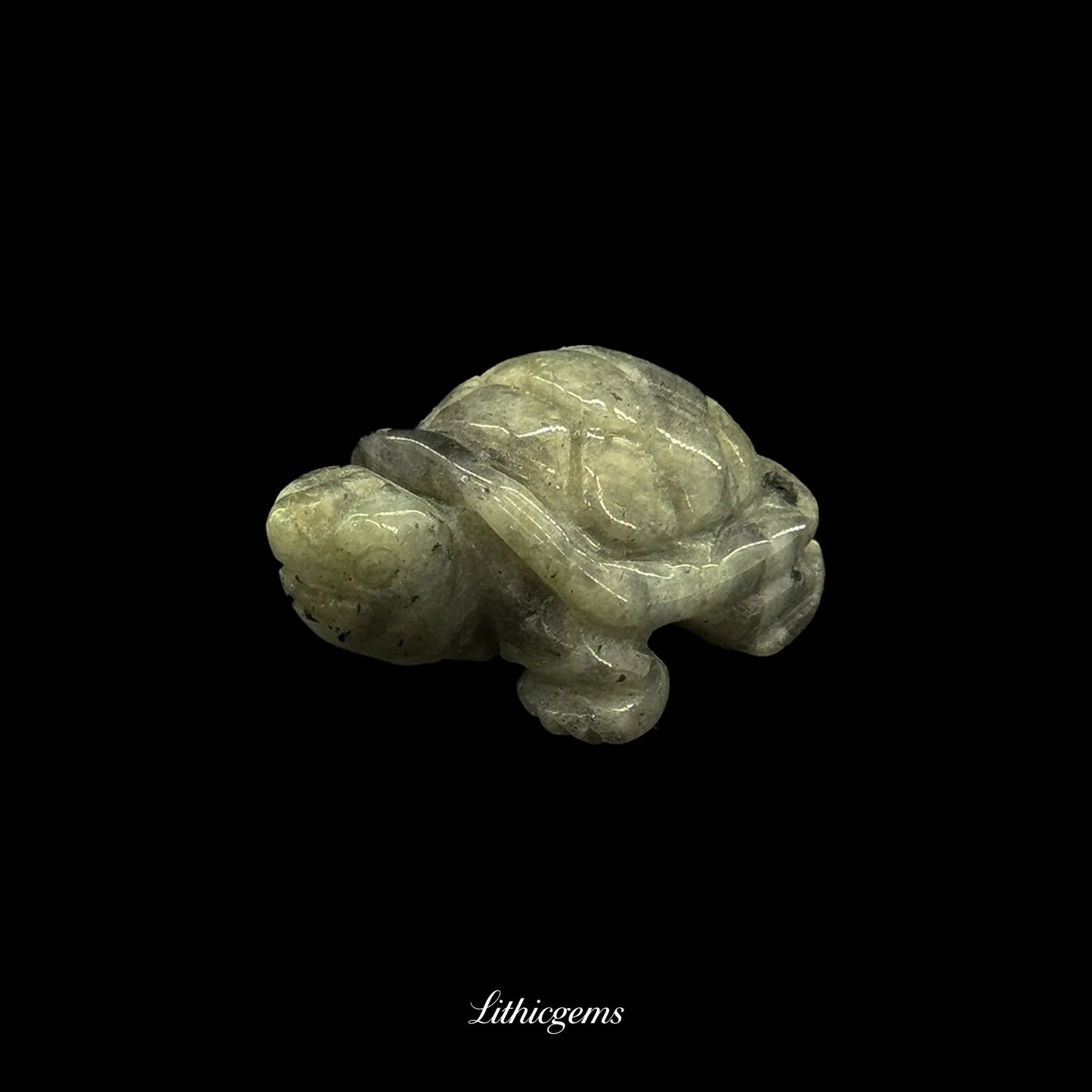 Natural crystal turtle figurine, polished gemstone carving on black background, Lithicgems