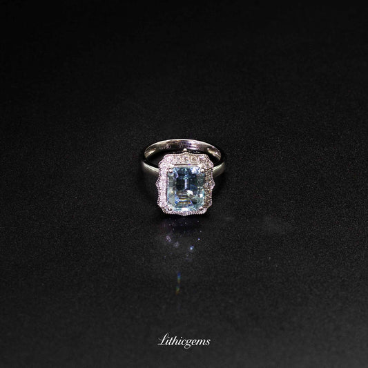Custom 18K Gold Octagonal Cut Aquamarine & Diamond Convertible Ring | AIGS/GUILD Certified - Lithicgems