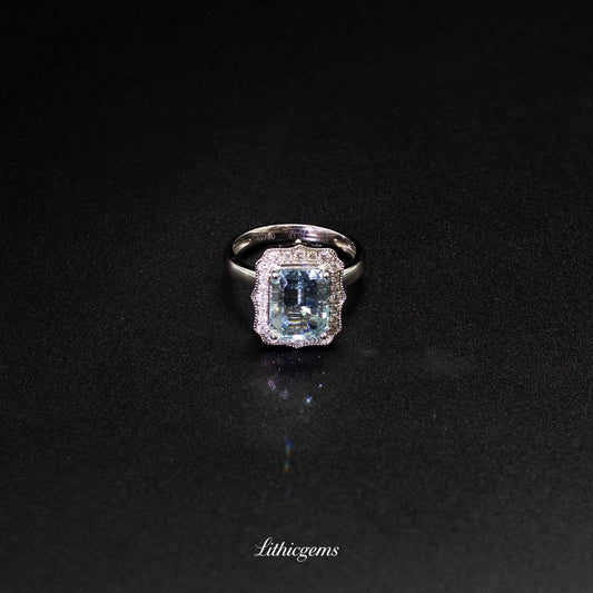 Custom 18K Gold Octagonal Cut Aquamarine & Diamond Convertible Ring | AIGS/GUILD Certified - Lithicgems