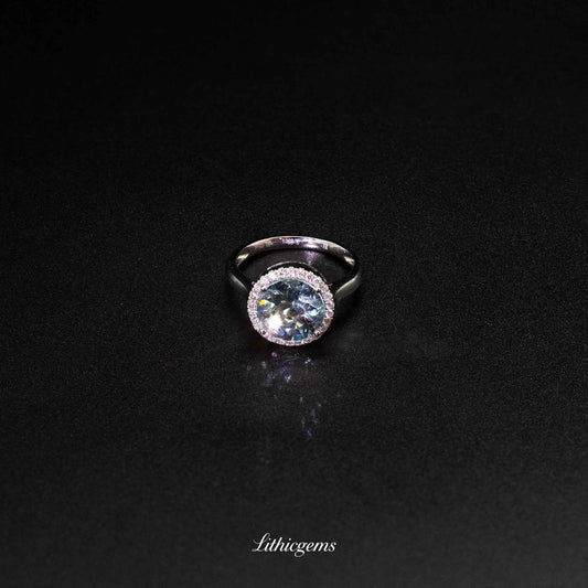 Custom 18K Gold Round Aquamarine Halo Diamond Ring | AIGS/GUILD Certified - Lithicgems