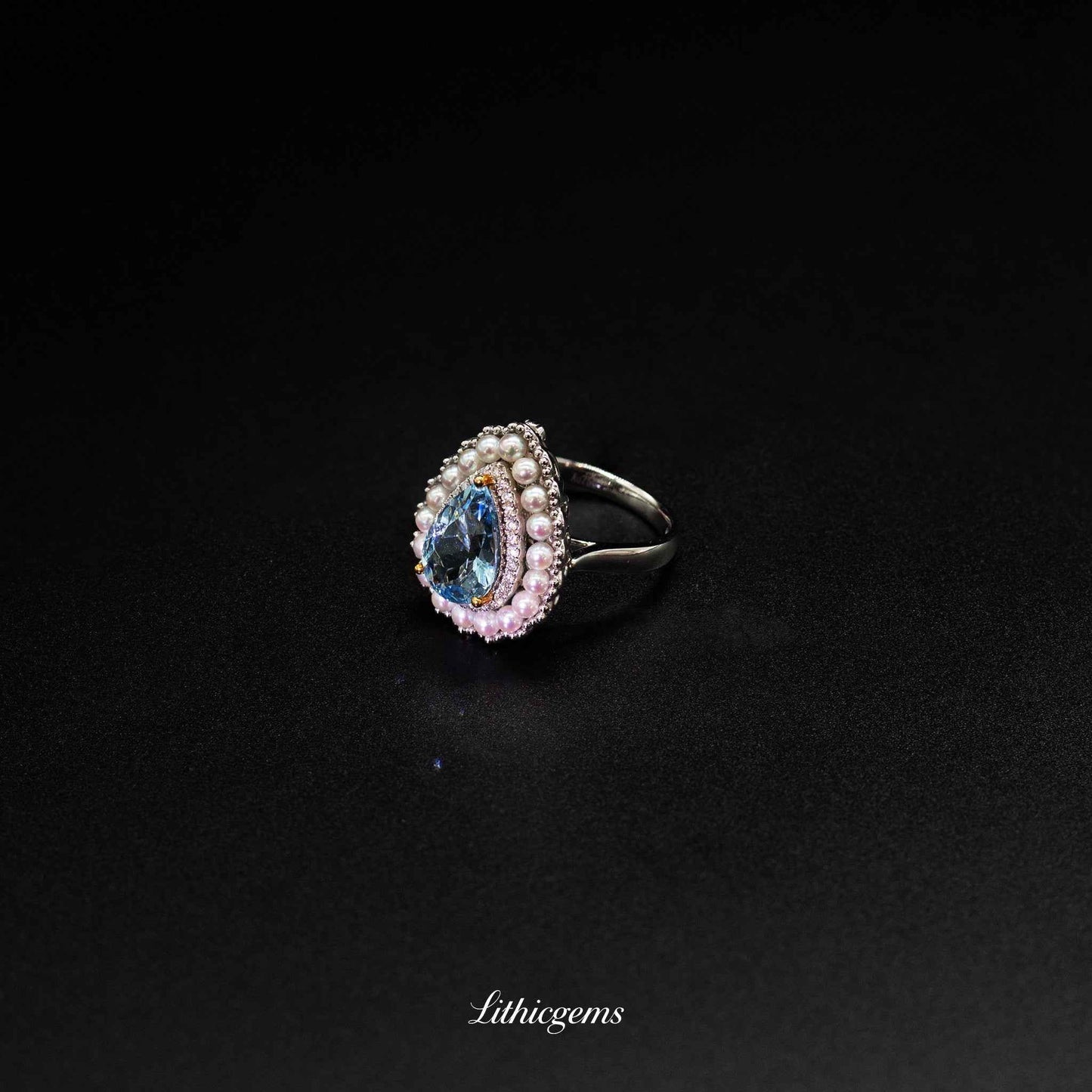 Custom 18K Gold Pearl & Teardrop Aquamarine Diamond Ring | AIGS Certified - Lithicgems