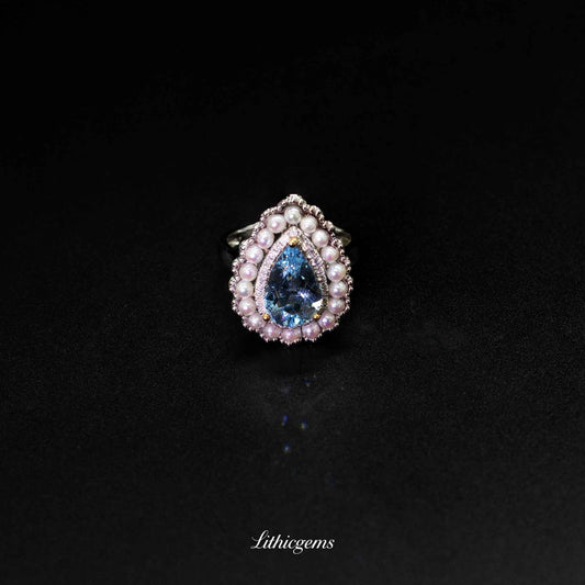Custom 18K Gold Pearl & Teardrop Aquamarine Diamond Ring | AIGS Certified - Lithicgems