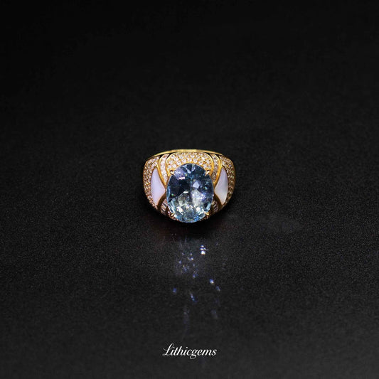 Custom 18K Gold Royal Vintage Style Aquamarine and Diamond Ring | AIGS/GUILD Certified - Lithicgems