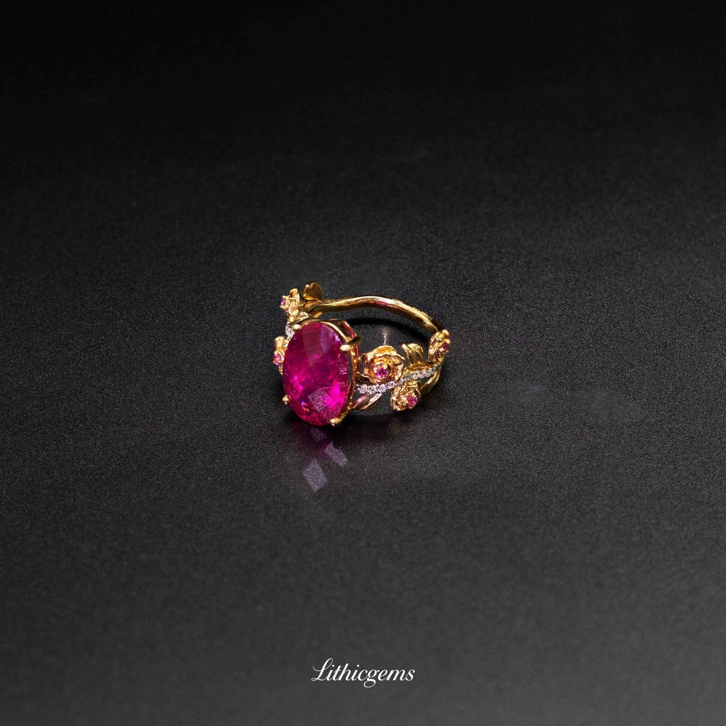 Custom 18K Gold Blooming Rose Rubellite Diamond Ring | AIGS/GUILD Certified