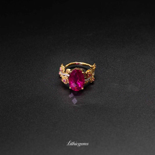 Custom 18K Gold Blooming Rose Rubellite Diamond Ring | AIGS/GUILD Certified