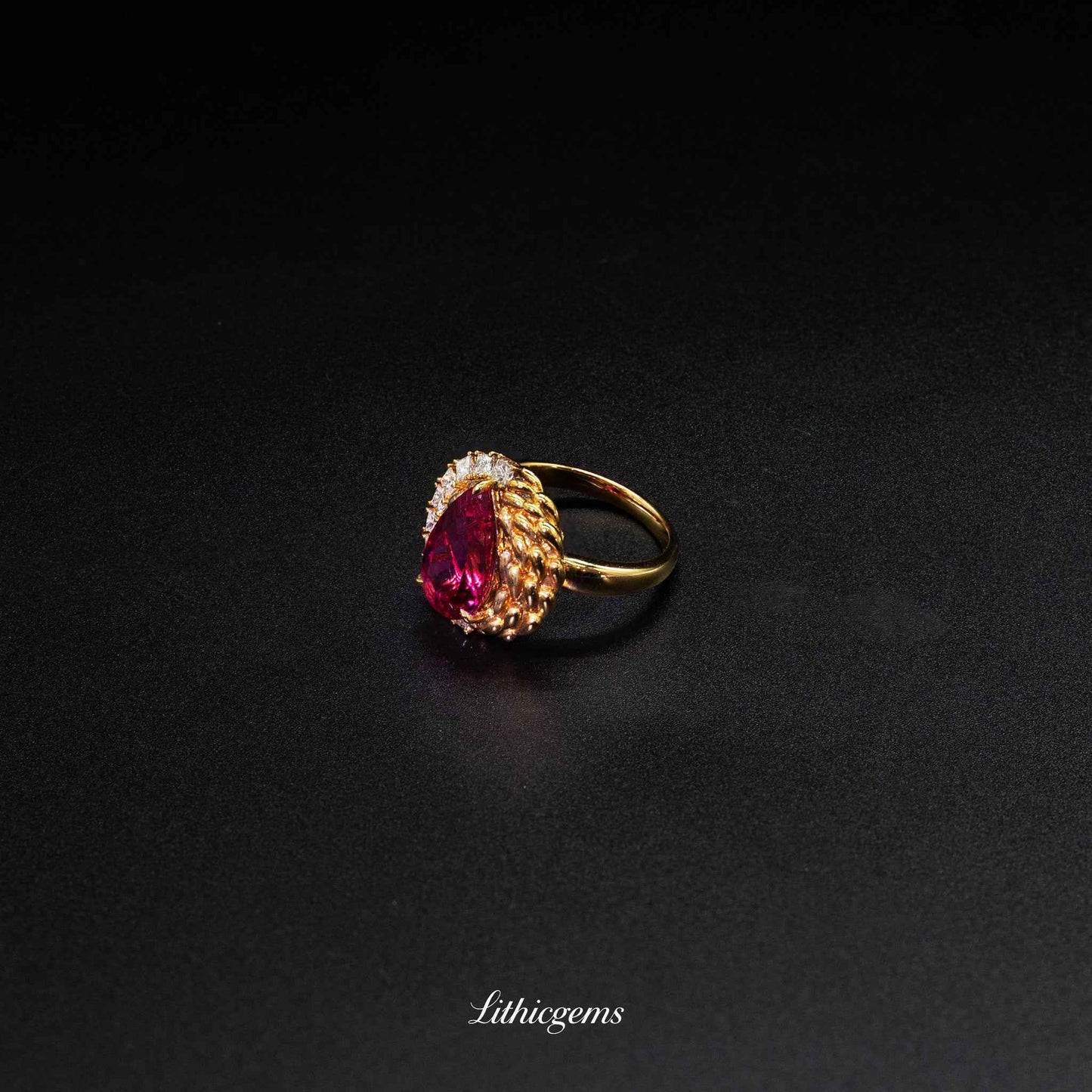 Custom 18K Gold Button-Cut Rubellite Diamond Ring | AIGS/GUILD Certified