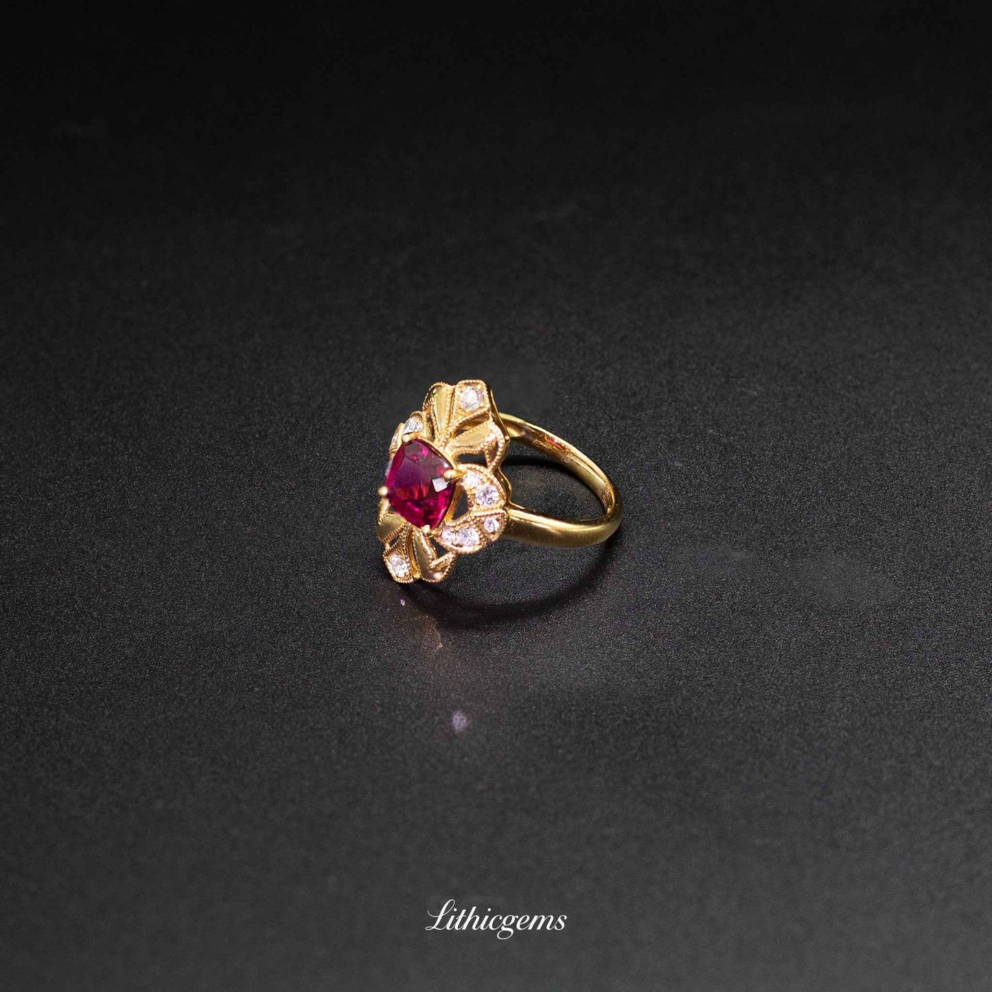 Custom 18K Gold Symmetrical Rubellite and Diamond Ring | AIGS/GUILD Certified