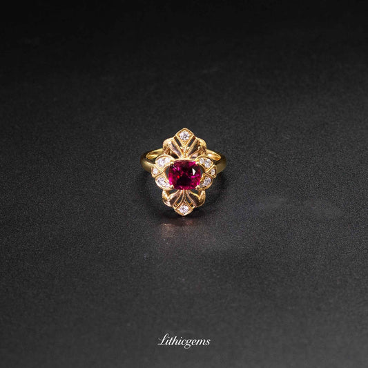 Custom 18K Gold Symmetrical Rubellite and Diamond Ring | AIGS/GUILD Certified