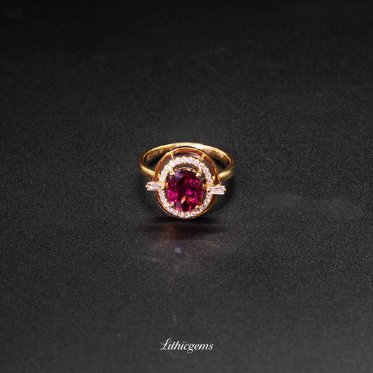 Custom 18K Gold Egg-Shaped Cabochon Rubellite Ring | AIGS/GUILD Certified