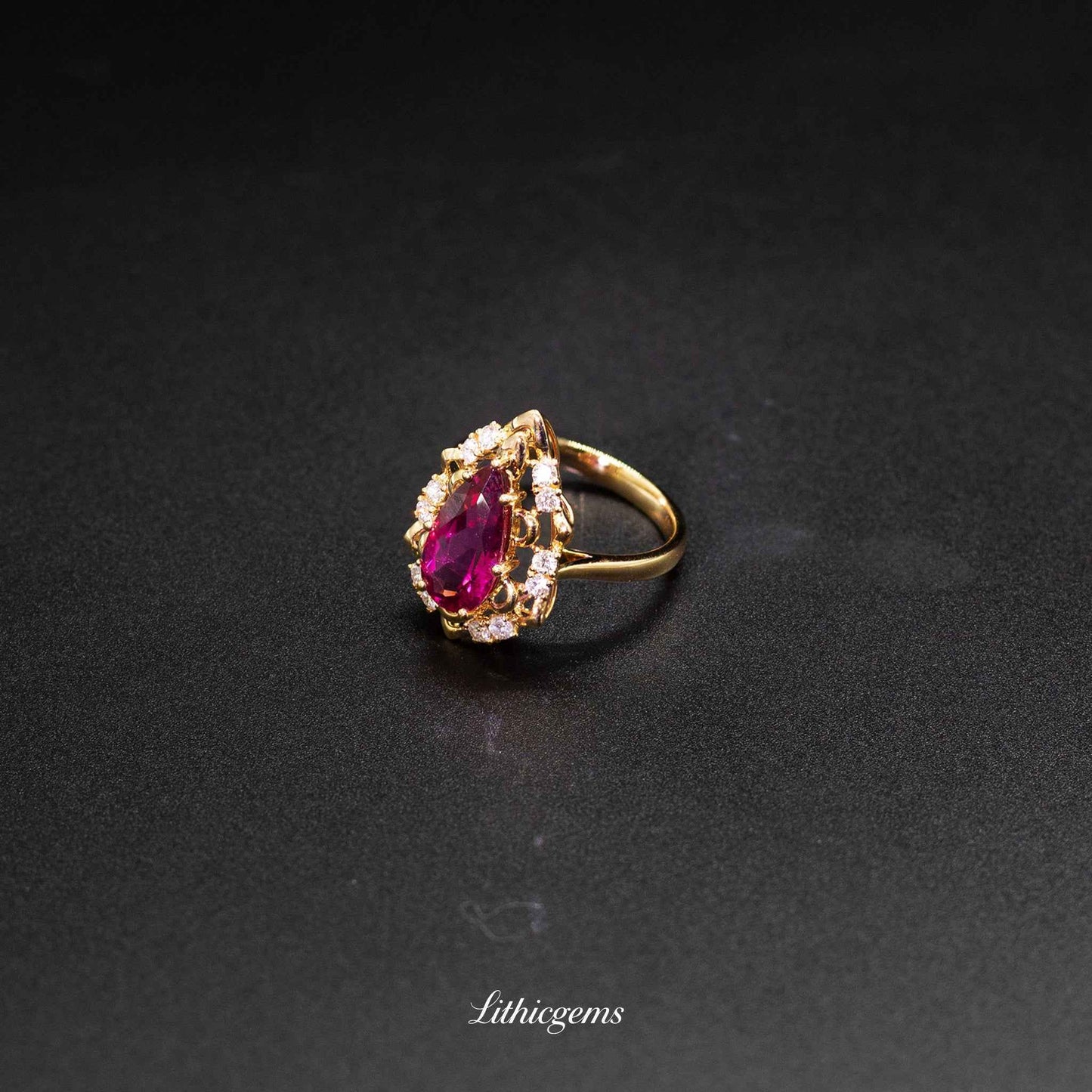 Custom 18K Gold Teardrop Rubellite Diamond Ring | AIGS/GUILD Certified