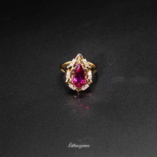 Custom 18K Gold Teardrop Rubellite Diamond Ring | AIGS/GUILD Certified