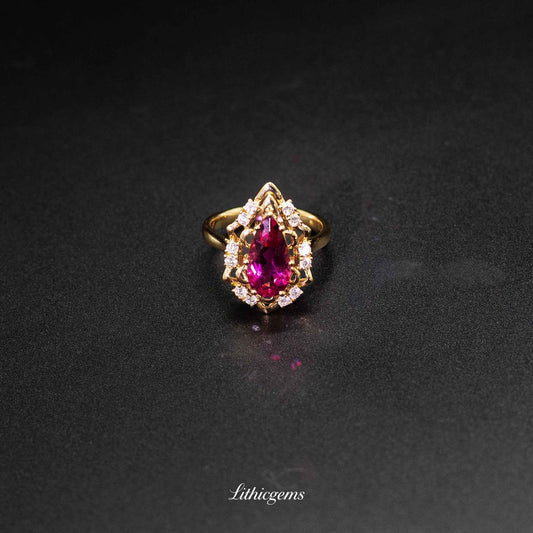 Custom 18K Gold Teardrop Rubellite Diamond Ring | AIGS/GUILD Certified