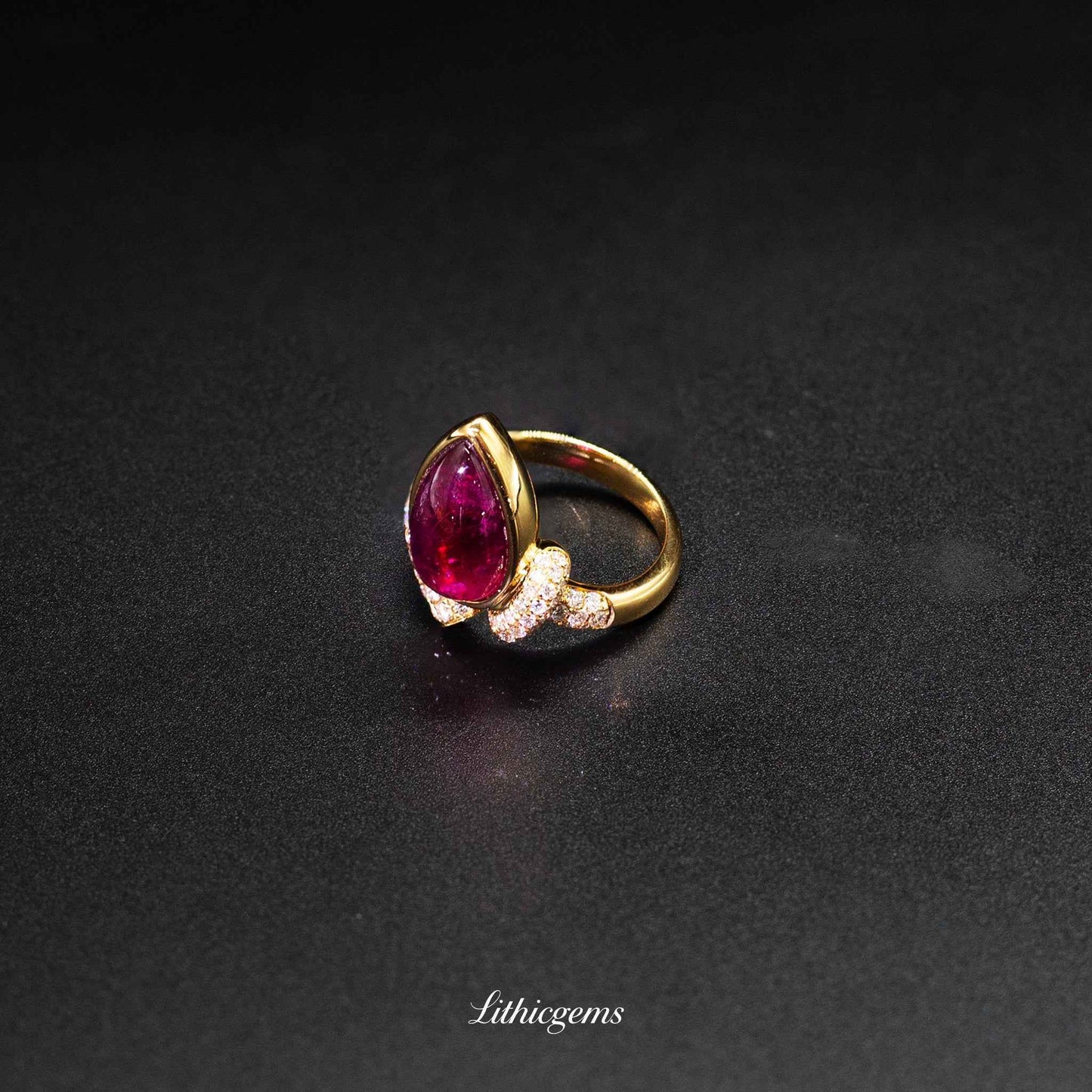 Custom 18K Gold Teardrop Cabochon Rubellite & Diamond Ring | AIGS/GUILD Certified