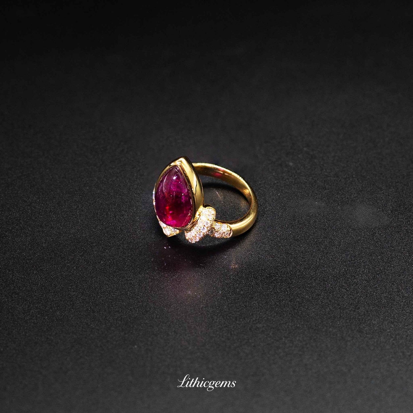 Custom 18K Gold Teardrop Cabochon Rubellite & Diamond Ring | AIGS/GUILD Certified