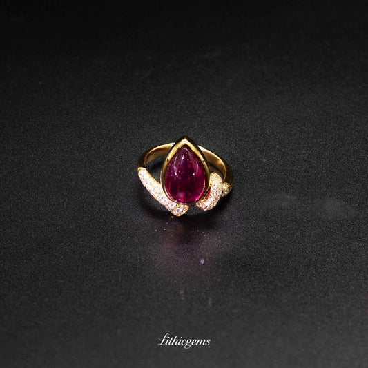 Custom 18K Gold Teardrop Cabochon Rubellite & Diamond Ring | AIGS/GUILD Certified