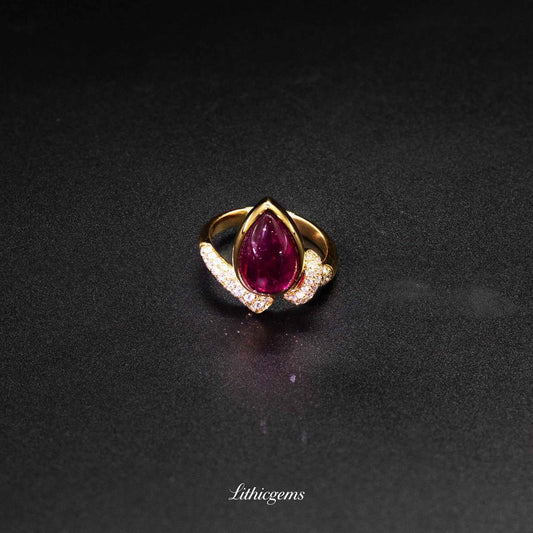 Custom 18K Gold Teardrop Cabochon Rubellite & Diamond Ring | AIGS/GUILD Certified