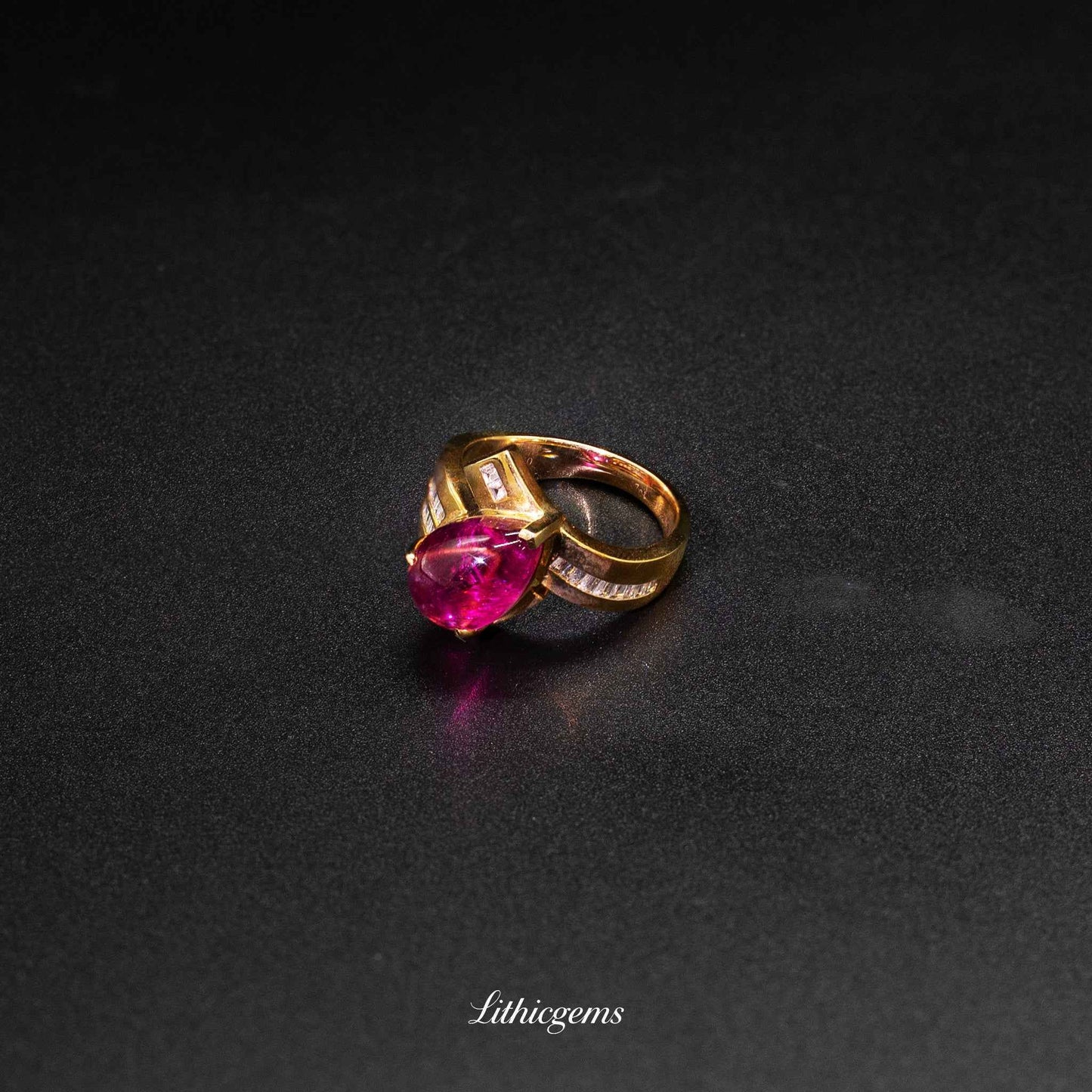 Custom 18K Gold Teardrop Cabochon Rubellite & Diamond Ring | AIGS/GUILD Certified