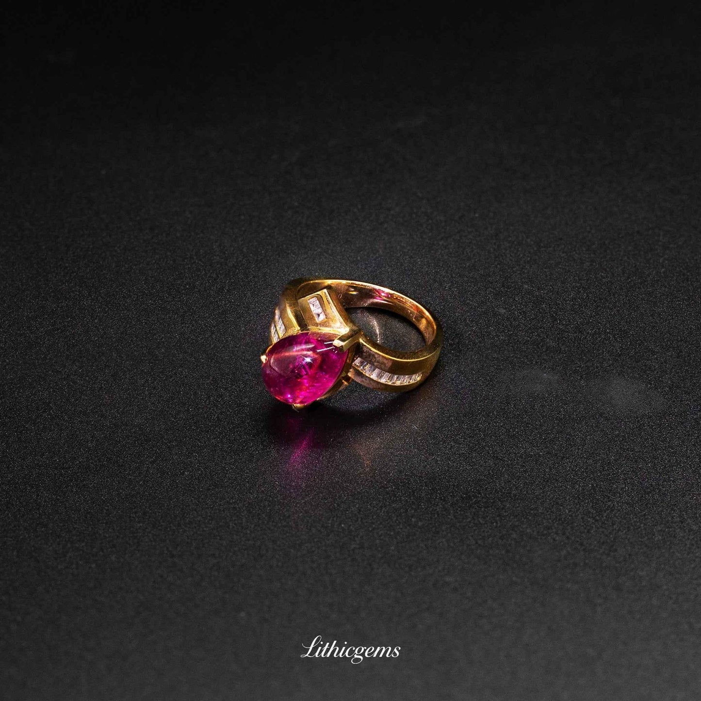Custom 18K Gold Teardrop Cabochon Rubellite & Diamond Ring | AIGS/GUILD Certified