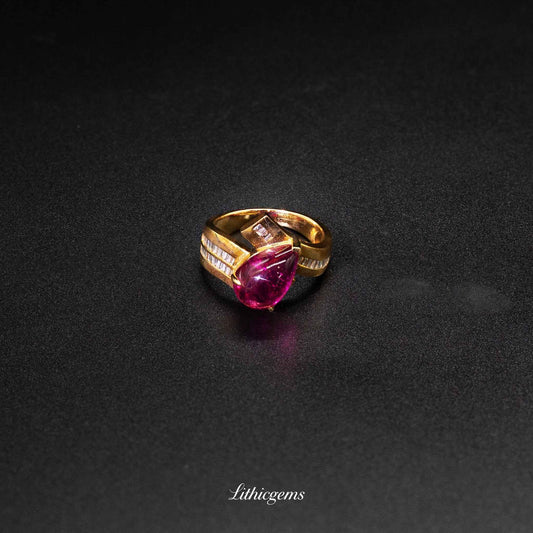 Custom 18K Gold Teardrop Cabochon Rubellite & Diamond Ring | AIGS/GUILD Certified
