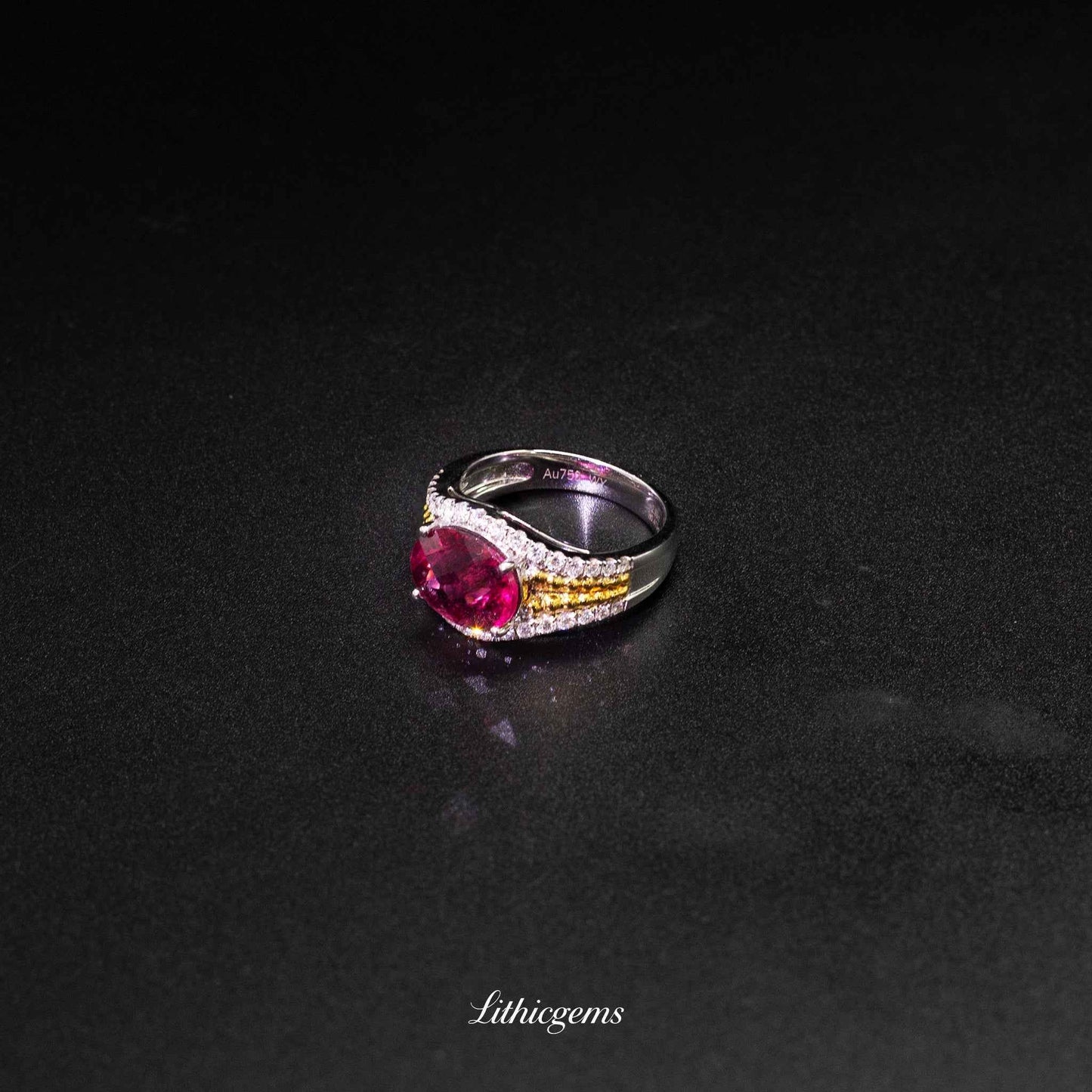 Custom 18K Gold Faceted Rubellite Diamond Ring | AIGS/GUILD Certified