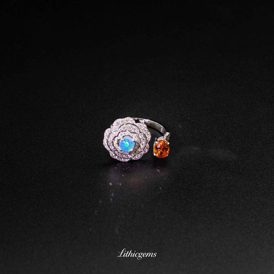 Custom 18K Gold Camellia Mandarin Garnet Diamond Ring | AIGS/GUILD Certified