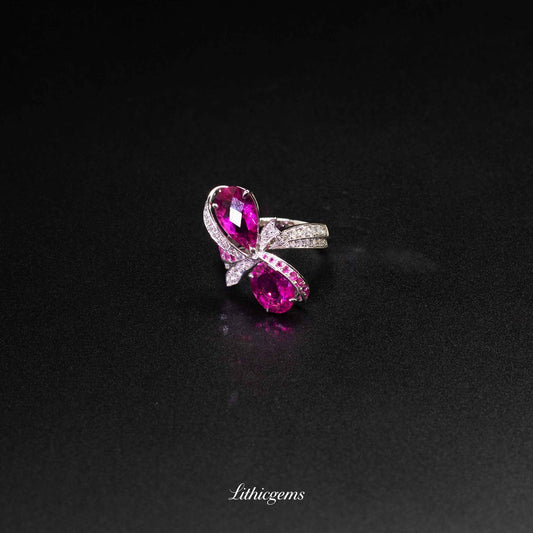 Custom 18K Gold Two-Stone Rubellite Diamond Ring | Toi et Moi Design | AIGS/GUILD Certified