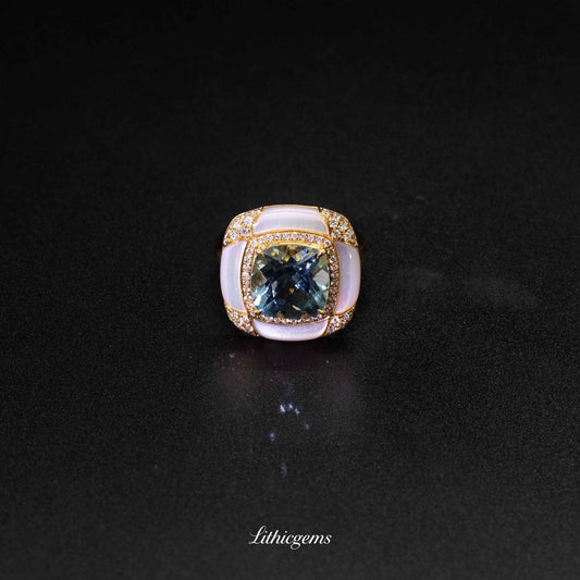 Custom 18K Gold Cushion-Cut Aquamarine Halo Diamond Ring | AIGS/GUILD Certified
