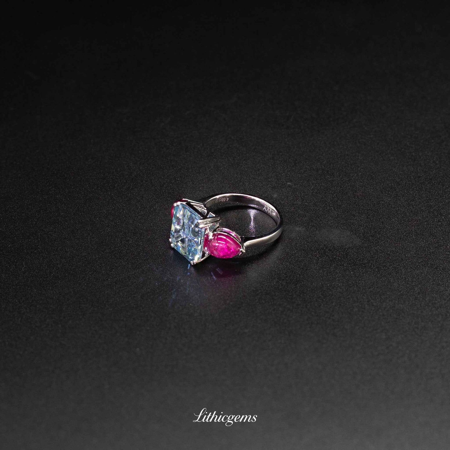 Custom 18K Gold Three-Stone Aquamarine & Rubellite Diamond Ring | AIGS/GUILD Certified