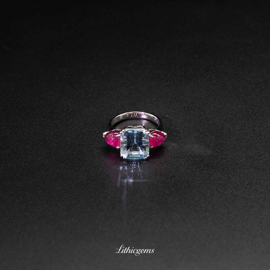 Custom 18K Gold Three-Stone Aquamarine & Rubellite Diamond Ring | AIGS/GUILD Certified