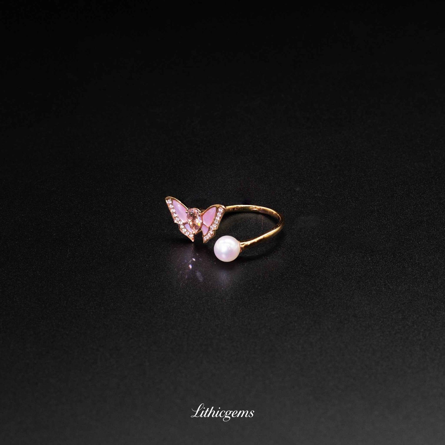 Custom 18K Gold Butterfly Mother of Pearl Pearl Morganite Ring | AIGS/GUILD Certified