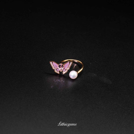 Custom 18K Gold Butterfly Mother of Pearl Pearl Morganite Ring | AIGS/GUILD Certified