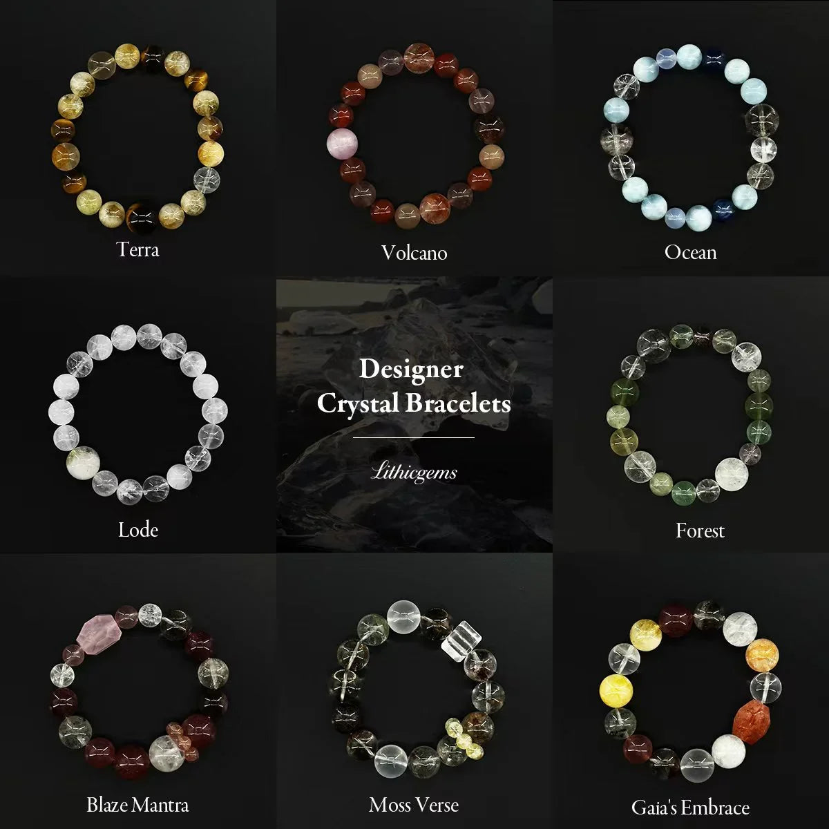 Nine natural crystal gemstone bracelets displayed on black background, Lithicgems boutique.