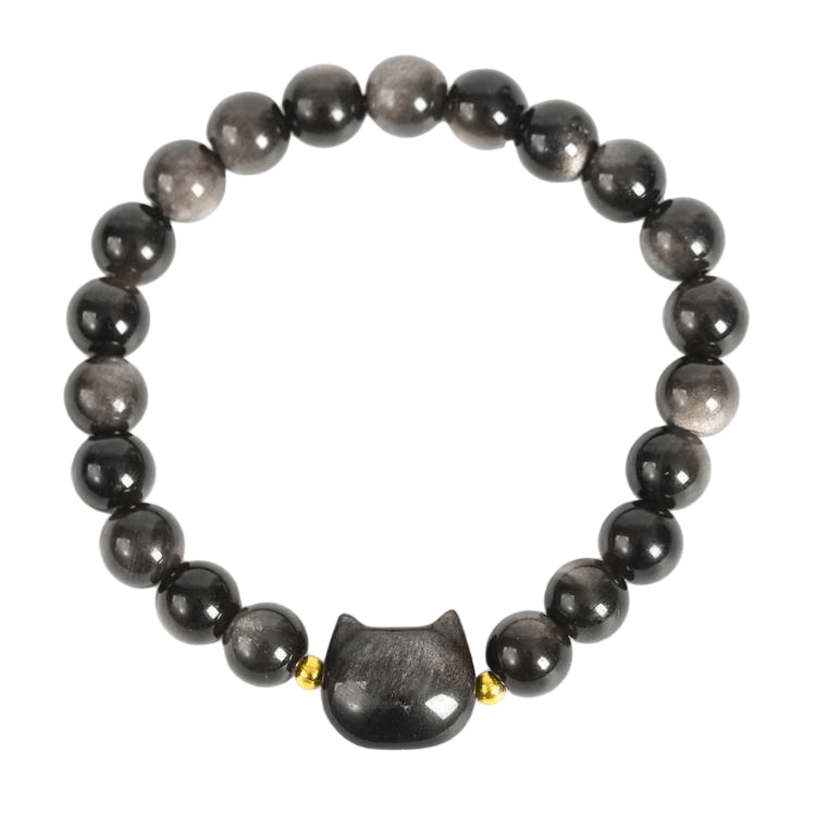 Custom Cat Silver Obsidian Bracelet | Natural Volcanic Glass Multi-Element Cute Stretch Bracelet | Lithicgems - Lithicgems