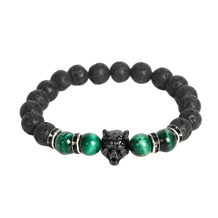 Custom Green Tiger Eye & Lava Stone Wolf Head Bracelet 8mm | Natural Stone Trendy Stretch Bracelet | Lithicgems - Lithicgems