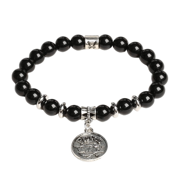 Custom Pisces Alloy Tag Black Obsidian Zodiac Bracelet 8mm | Natural Crystal Constellation Stretch Bracelet | Lithicgems - Lithicgems