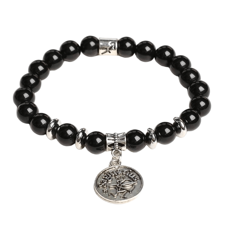 Custom Sagittarius Alloy Tag Black Obsidian Zodiac Bracelet 8mm | Natural Crystal Constellation Stretch Bracelet | Lithicgems - Lithicgems