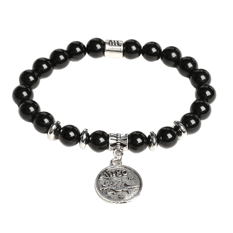 Custom Virgo Alloy Tag Black Obsidian Zodiac Bracelet 8mm | Natural Crystal Constellation Stretch Bracelet | Lithicgems - Lithicgems