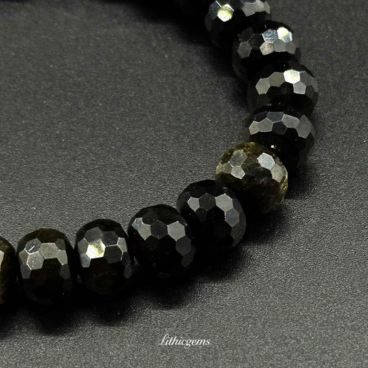 Faceted Gold Sheen Obsidian Bracelet - Wheel Beads for Wealth & Powerful Shielding - Lithicgems