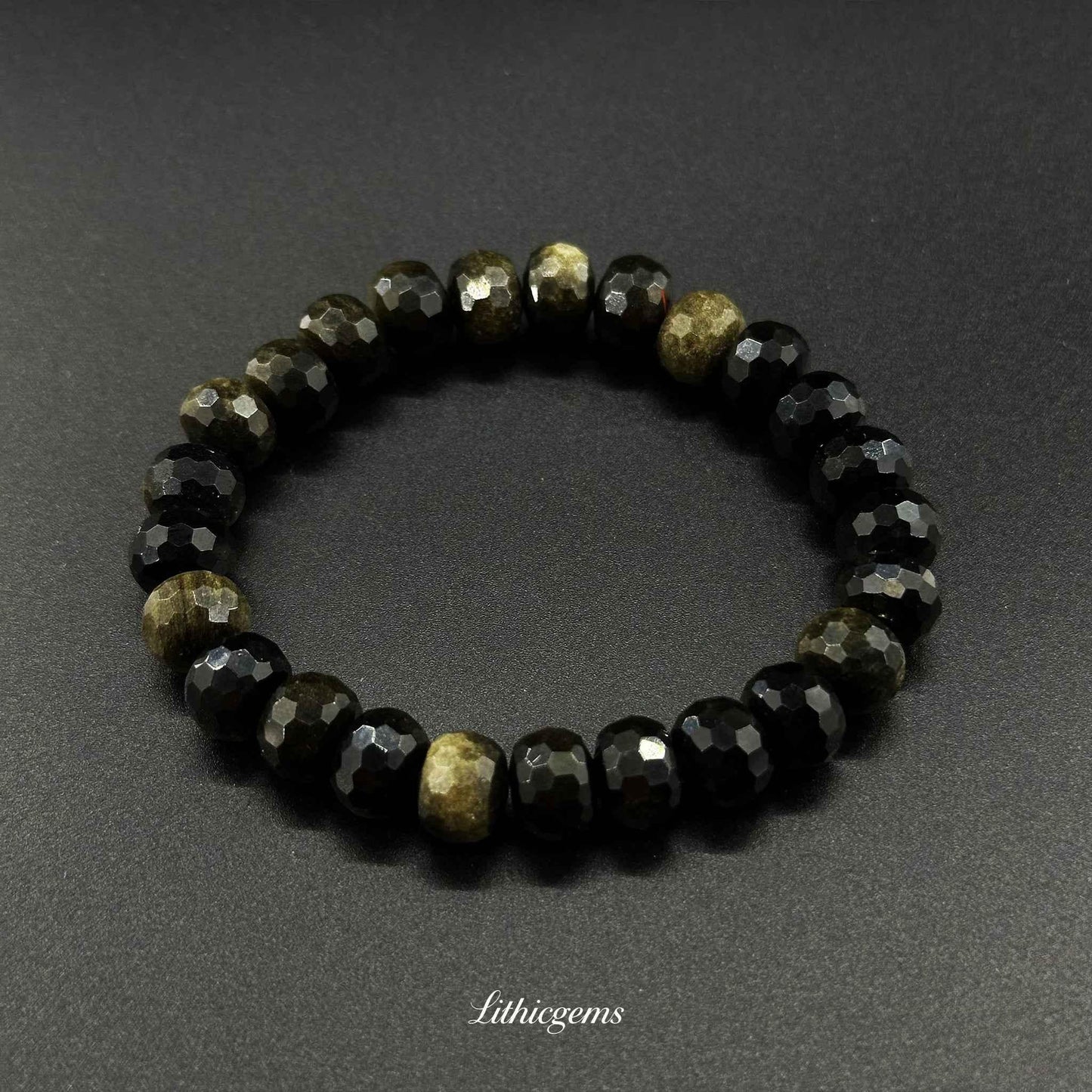 Faceted Gold Sheen Obsidian Bracelet - Wheel Beads for Wealth & Powerful Shielding - Lithicgems