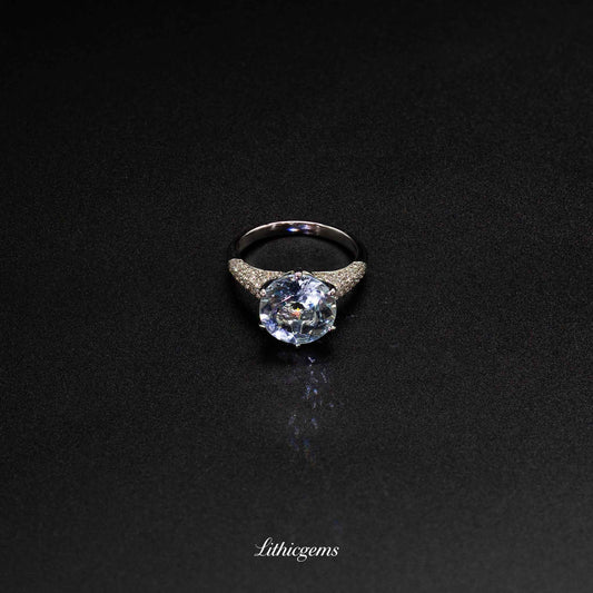 18K Gold Round Aquamarine & Diamond Ring with Lab Report - Certified March Birthstone - Lithicgems