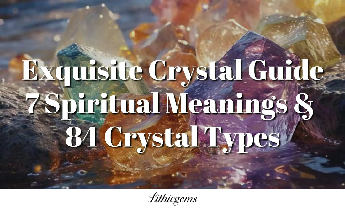 Colorful raw crystals on wet surface with text overlay 'Exquisite Crystal Guide 7 Spiritual Meanings & 84 Crystal Types'