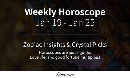 Weekly horoscope banner with zodiac insights and crystal picks, Lithicgems boutique branding