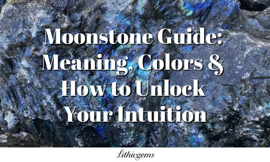 Moonstone guide text over blue and black iridescent crystal background with Lithicgems branding