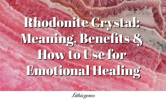Rhodonite crystal background with text about its meaning, benefits, and emotional healing uses