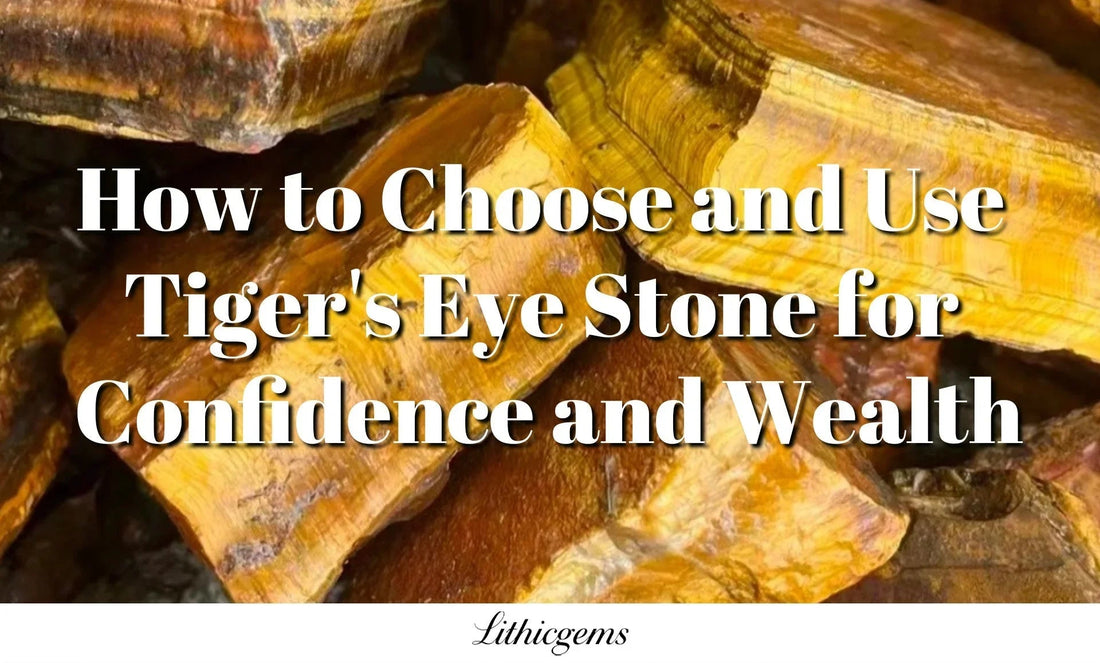 Close-up of polished tiger's eye stones with text on choosing and using tiger's eye for confidence and wealth