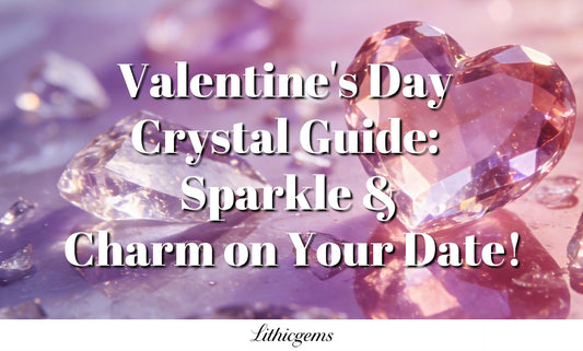 Heart-shaped pink gemstone and clear crystals on a soft pastel background, Lithicgems branding