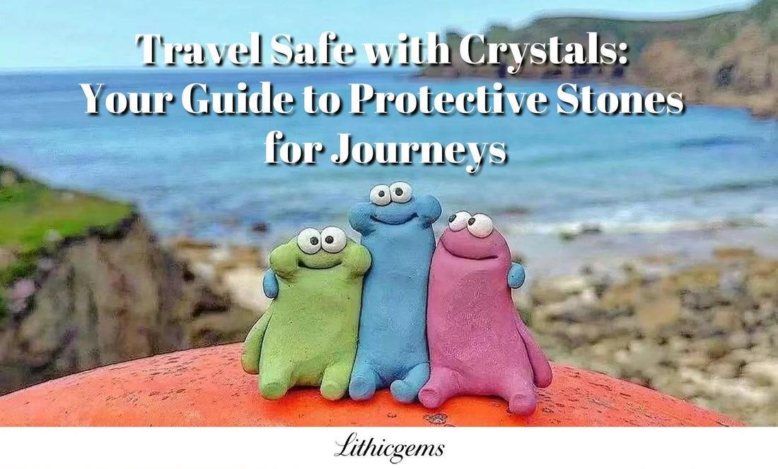 Three colorful clay figures sitting on an orange surface with ocean and cliffs in the background, promoting travel safety with protective crystals